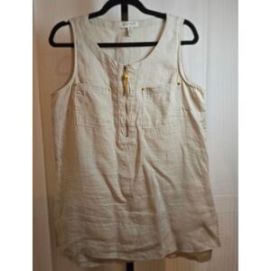 Ellen Tracy Linen M Sleeveless Top Beige Gold Zip‎ Front Pockets Casual  Safari